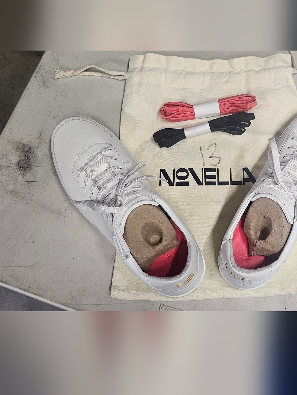 Novella Mens Size 13 White Leather Sneakers with Pink Insole